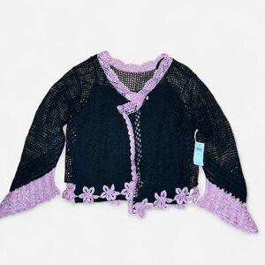 Black Open-Weave Cardigan with Pink Crochet Trim